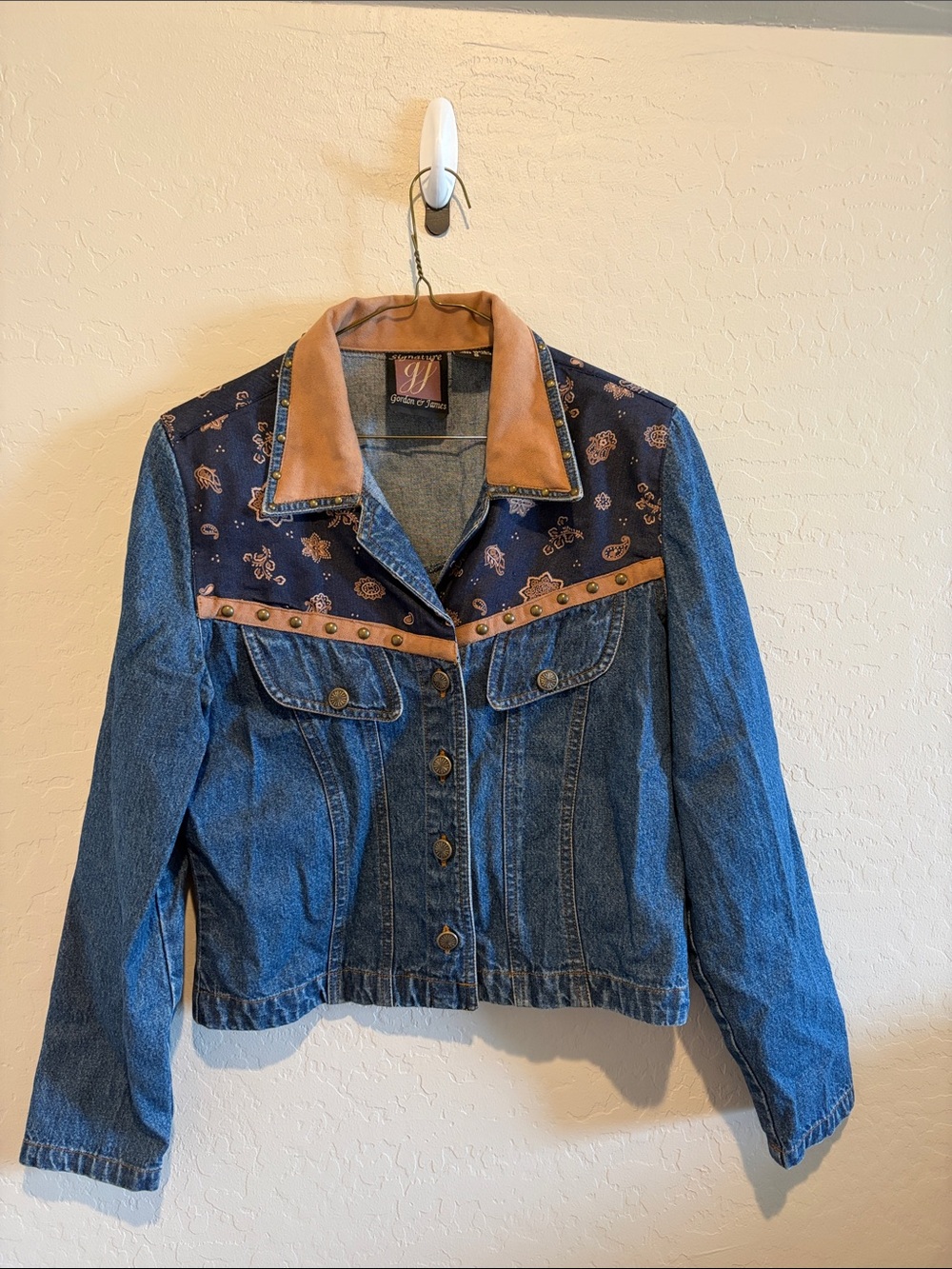 Women's Blue Denim Jacket with Brown Suede Collar and Stud Trim